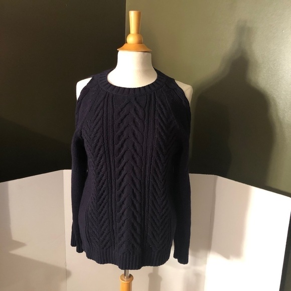 Loft Navy Cold Shoulder Cable Knit Sweater Sz M - Picture 1 of 8